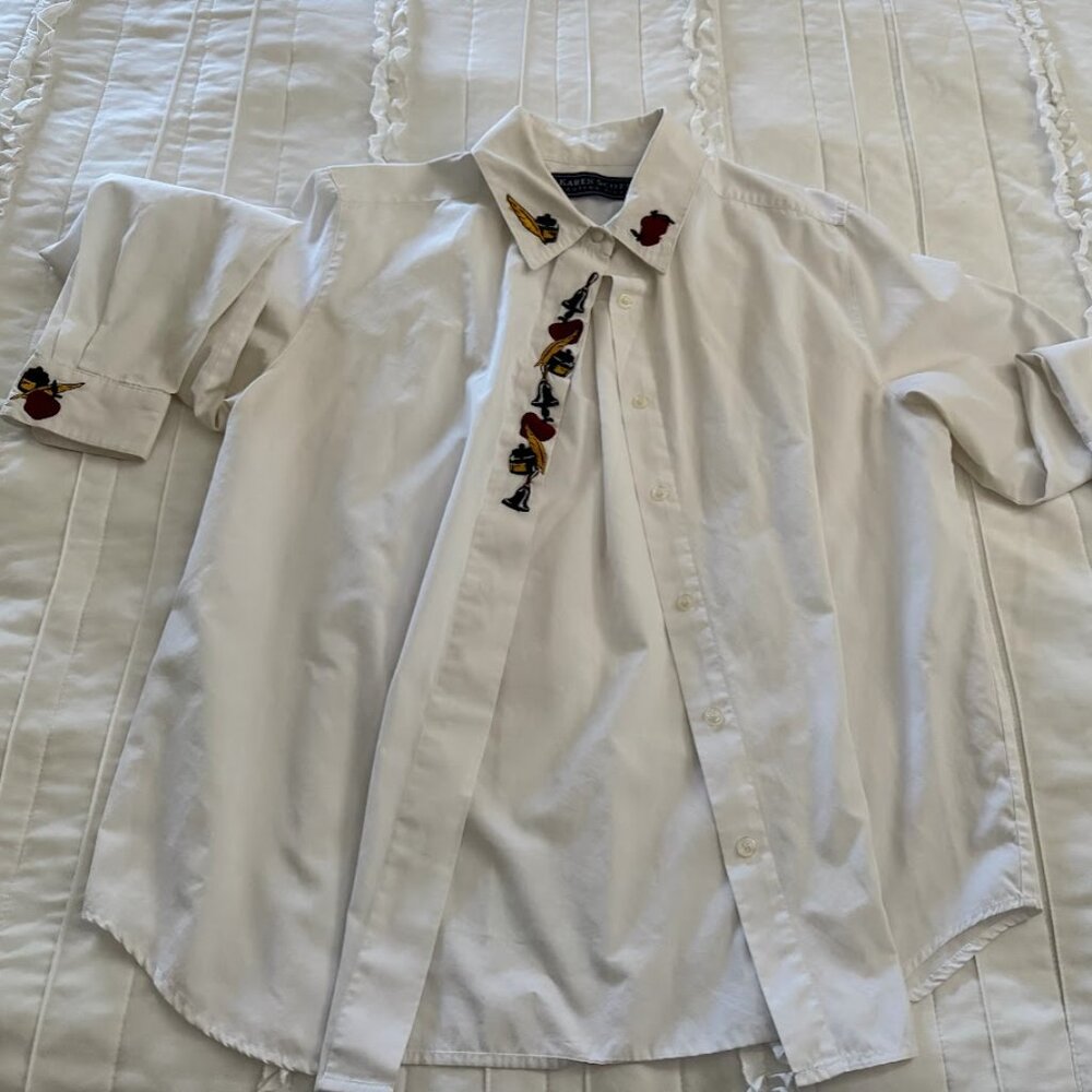 Karen Scott Teacher Button Front Shirt Apple Bell  Embroidery Women Med.